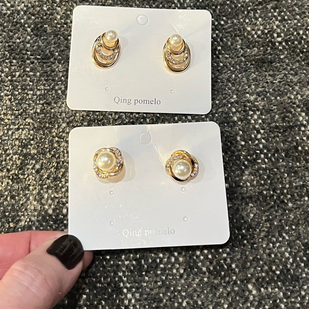 Gold, pearl, & rhinestone earrings. Set of two. Brand new!